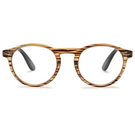 MAGIMODAC Round Reading Glasses Womens Mens Spring Hinge Lightweight Classic Retro Readers Eyeglasses 0.0 1.0 1.5 2.0 2.5 3.0 3.5 Brown, +0.0