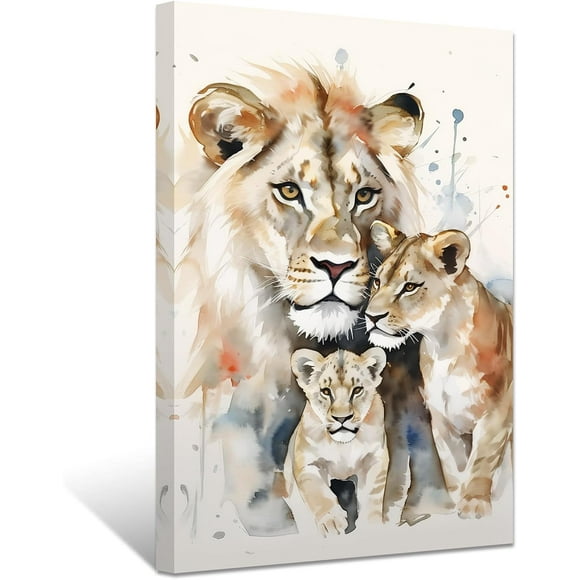 ZHONGYUTONG Lion Canvas Wall Art Lion Family Picture Prints Lion and Lioness Paintings Watercolor Animals Artwork Home Decor Framed (20.00" x 30.00")
