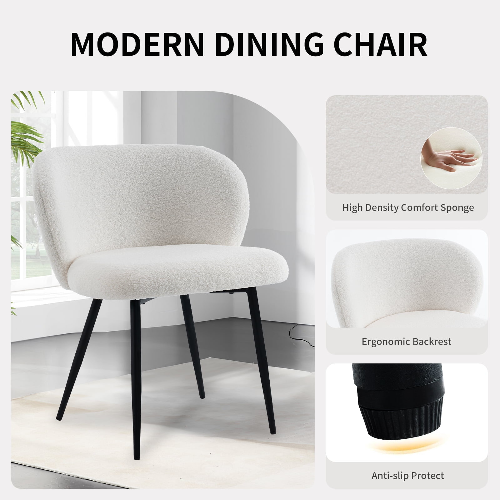 Rongbuk Modern Teddy Dining Chairs Set of 2, Comfy Kitchen Armless Chairs with Thick Cushions, Wingback Chair, Upholstered Dining Room Chairs with Metal Legs for Dining Room, Living Room, White