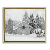Stupell Industries Snowy Barn & Horses Holiday Painting Gold Floater Framed Canvas Art Prints Wall Art, 31 x 25