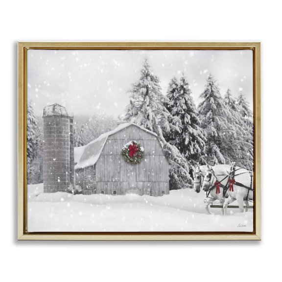 Stupell Industries Snowy Barn & Horses Holiday Painting Gold Floater Framed Canvas Art Prints Wall Art, 31 x 25