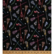 Cotton Colorful Lacrosse Sticks Balls Cleats Sports Equipment Black Cotton Fabric Print by the Yard (421-black)