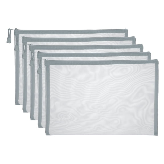 A4 Mesh Zipper Pouch Bags, 5 PCS Mesh Bags with Zipper Plastic Storage Pocket for Organizing File Beads Office Home Supplies, 34x24cm, Gray