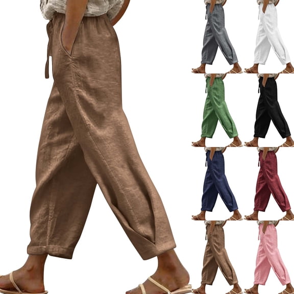 Women's Cotton Linen Drawstring Pants Casual Solid Color Loose Pants Beach Wide Leg Trousers With Pocket