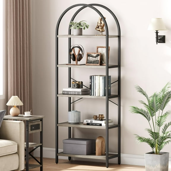 Bookshelf 5 Tier Bookcase Arched Display Racks Tall Standing Bookshelves Metal Frame Open Storage Rack Shelf Large Black Book Shelf for Bedroom, Living Room, Home Office