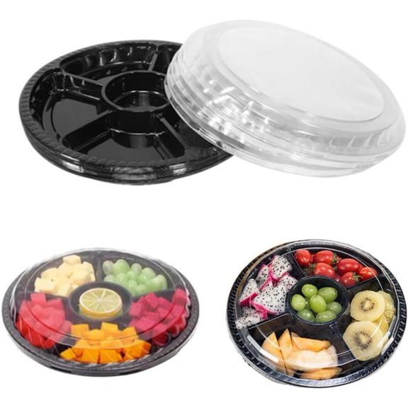 Black Plastic Appetizer Trays with Lids, Travel Round Disposable Compartment Serving Platters,6 Sectional Catering Trays for Vegetable Salad Food for Fruit Veggie Snack Food Containers (10 Pack)