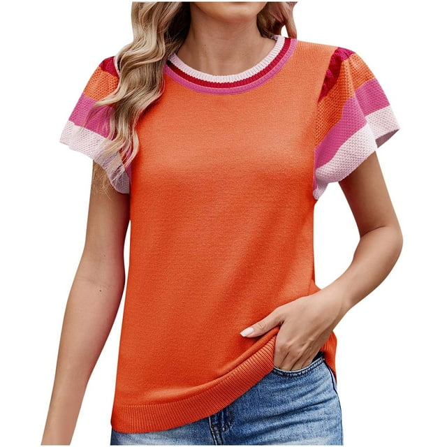 hotojiny Womens Summer Tops Fashion Color Block Ruffle Short Sleeve T Shirts Casual Crew Neck Basic Tee 2025 Trendy Outfits