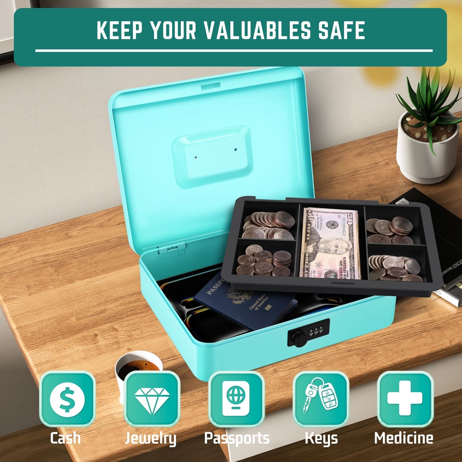 Cash Box with Combination Lock - Metal Cash Box with Money Tray and Lock - 5-Compartment Money Lock Box for Cash, Petty Cash, Checks, Coins, 11.8"x 9.4"x 3.5", Blue
