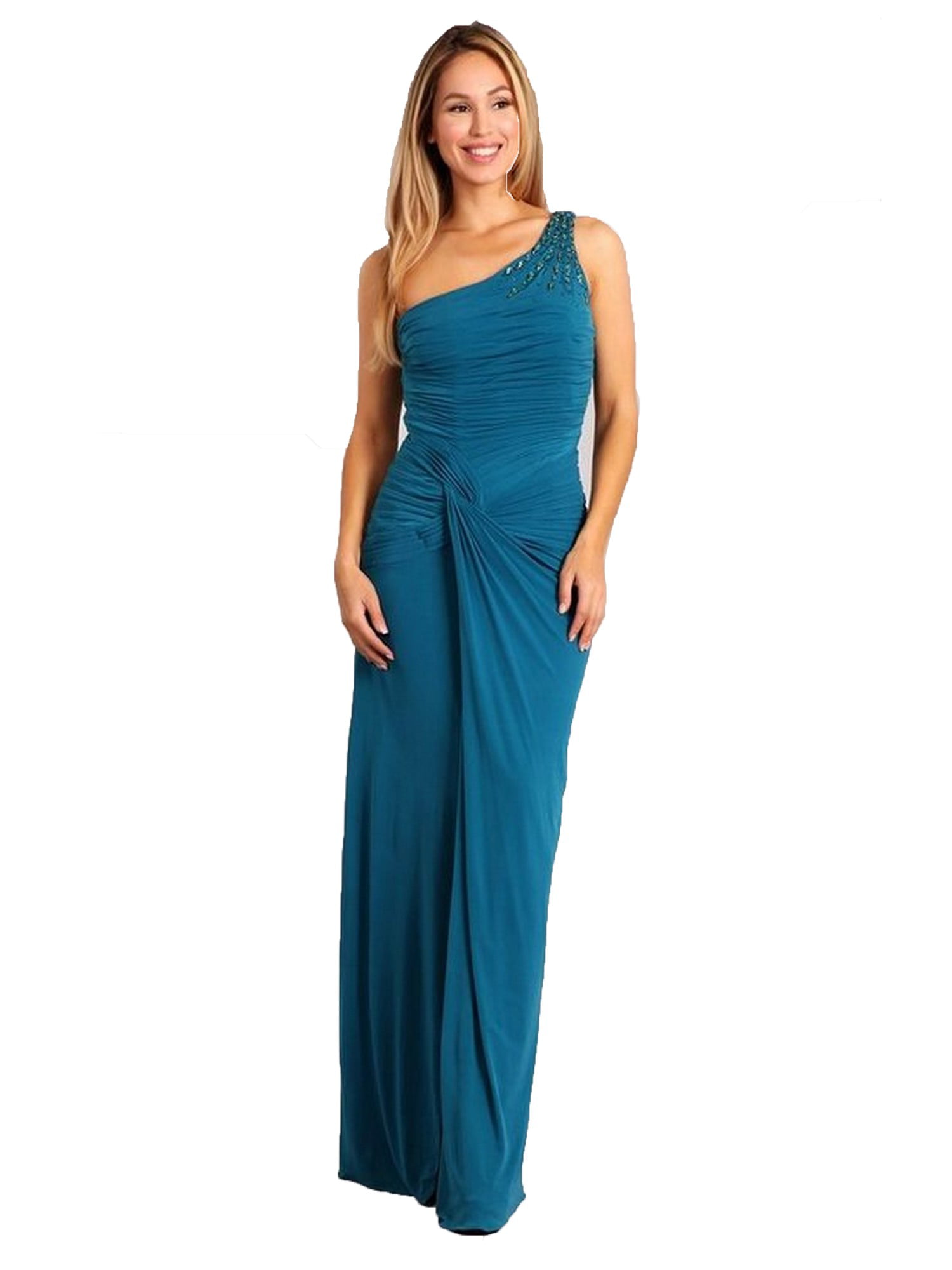 Fanny - Fanny Fashion Womens Teal One Shoulder Slit Skirt Evening Gown ...