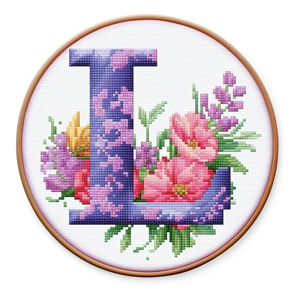 Letter L in Flowers Stamped Cross Stitch Kits for Beginners Easy with Hoop 11CT Needlepoint Embroidery Counted Cross Stitch Kits Art Craft Wall Decoration 35x35cm(1)