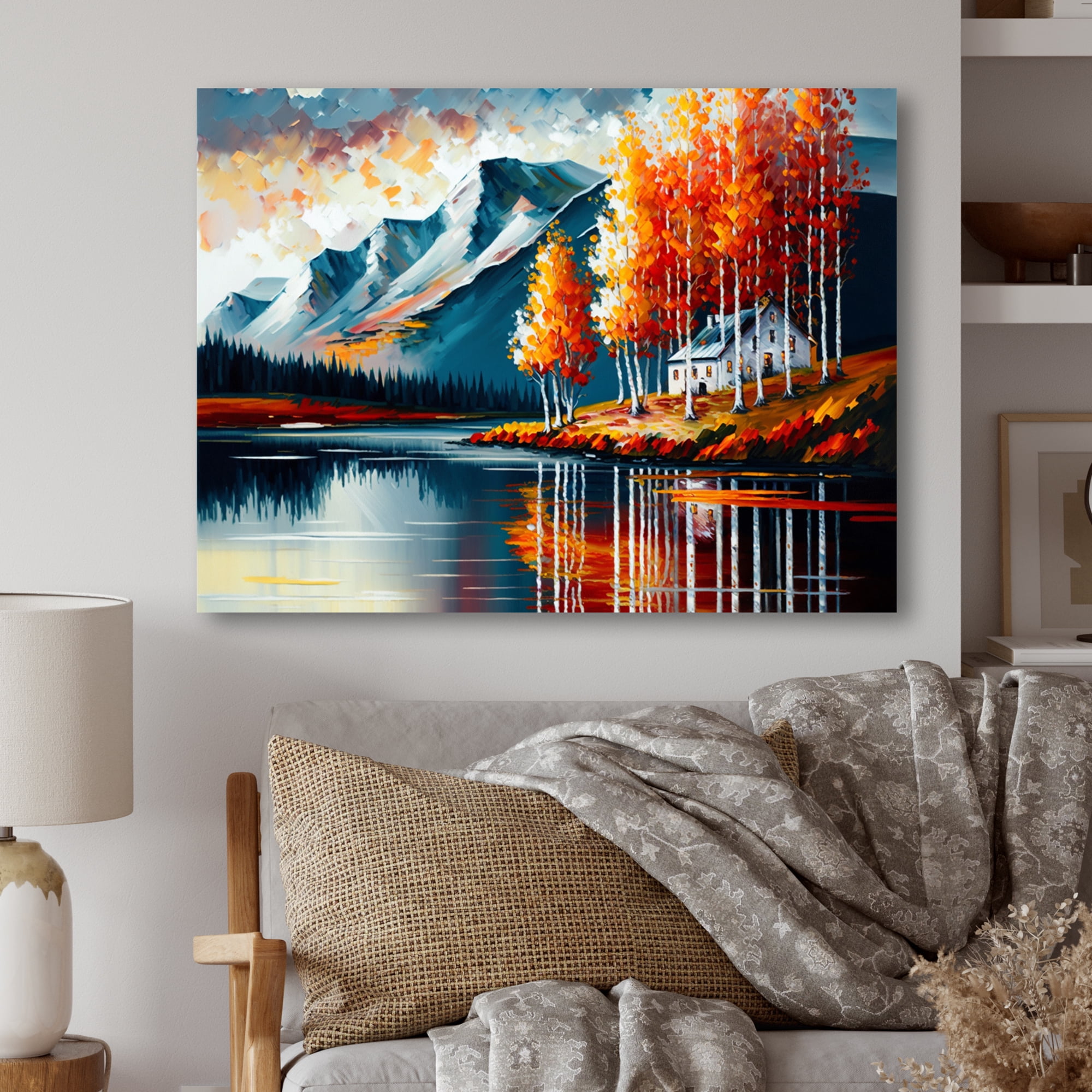 Designart Lake House Scenery In Fall V Canvas Wall Art