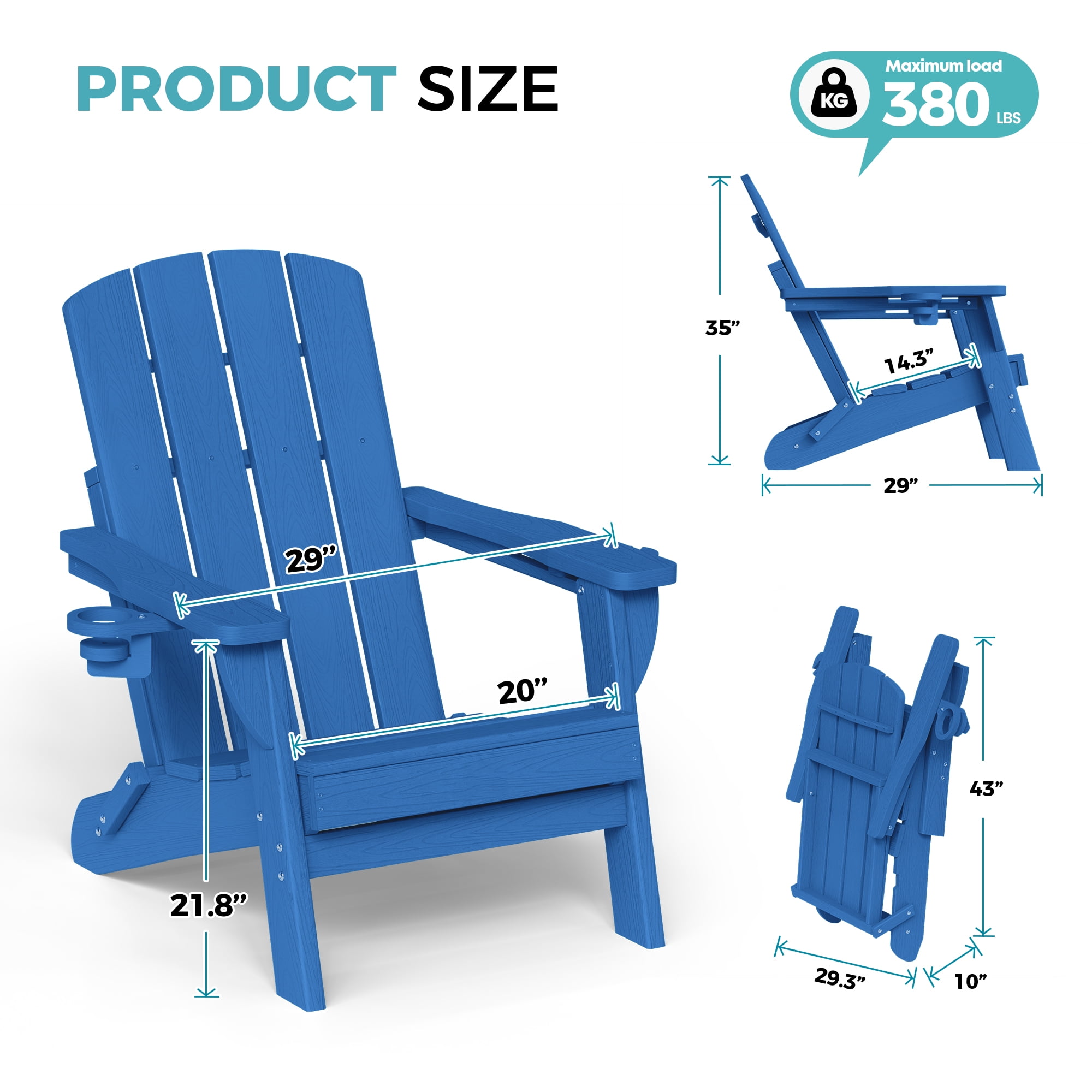 Adirondack Chair Set of 4, Outdoor Folding All-Weather HDPE Adirondack Chairs with 2 Cup Holders for Patio, Blue