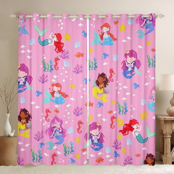 Homewish Kawaii Mermaid Princess Black Out Curtains, Kawaii Seahorse Coral Curtains Pack of 2 (42x63 Each), Pink Cartoon Ocean Bedroom Curtains, Black Out Curtains Room Decor
