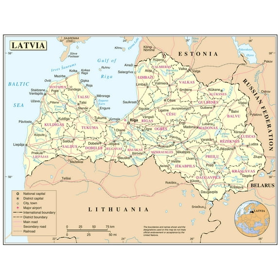 Palmetto Posters 24x31 Laminated Poster: Large detailed political and administrative map of latvia with roads cities and airports