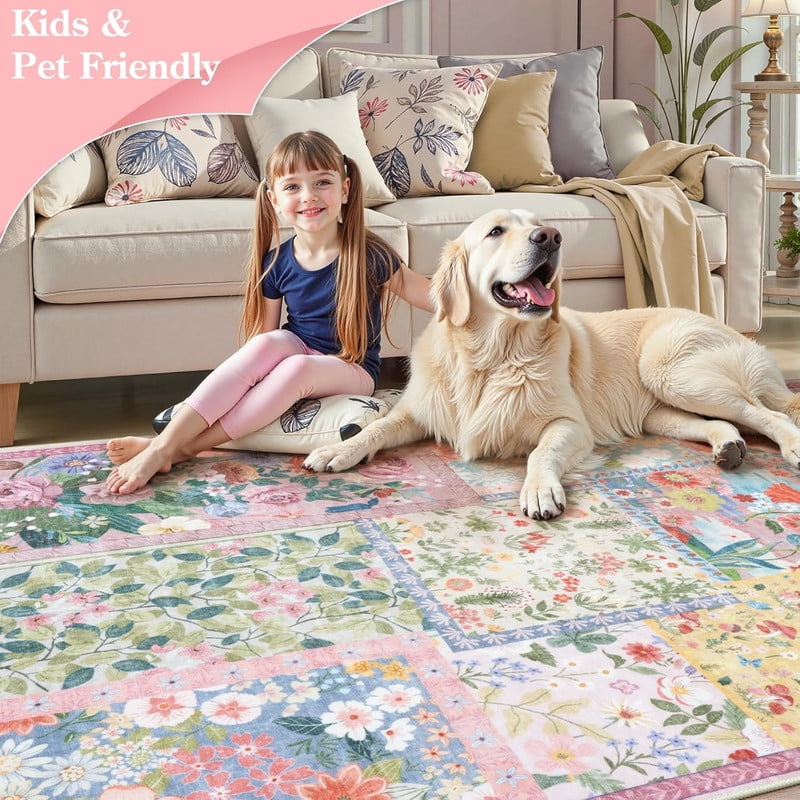 Wonnitar 8'x10' Pink Washable Area Rug - Soft Botanical Boho Carpet for Living Room, Non-Slip Ultra-Thin Rug for Bedroom Under Bed, Dining Room Home Office
