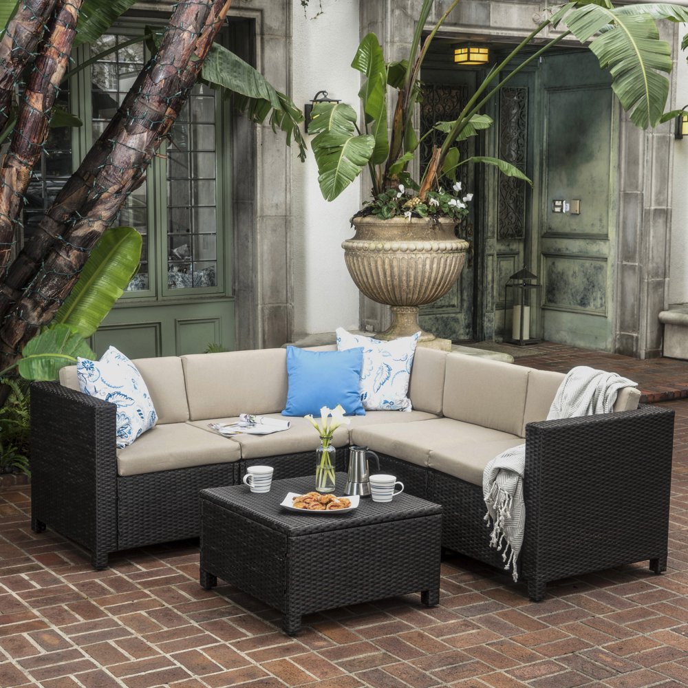 Cascada Outdoor Wicker VShaped Sectional Sofa Set with Cushions, Dark