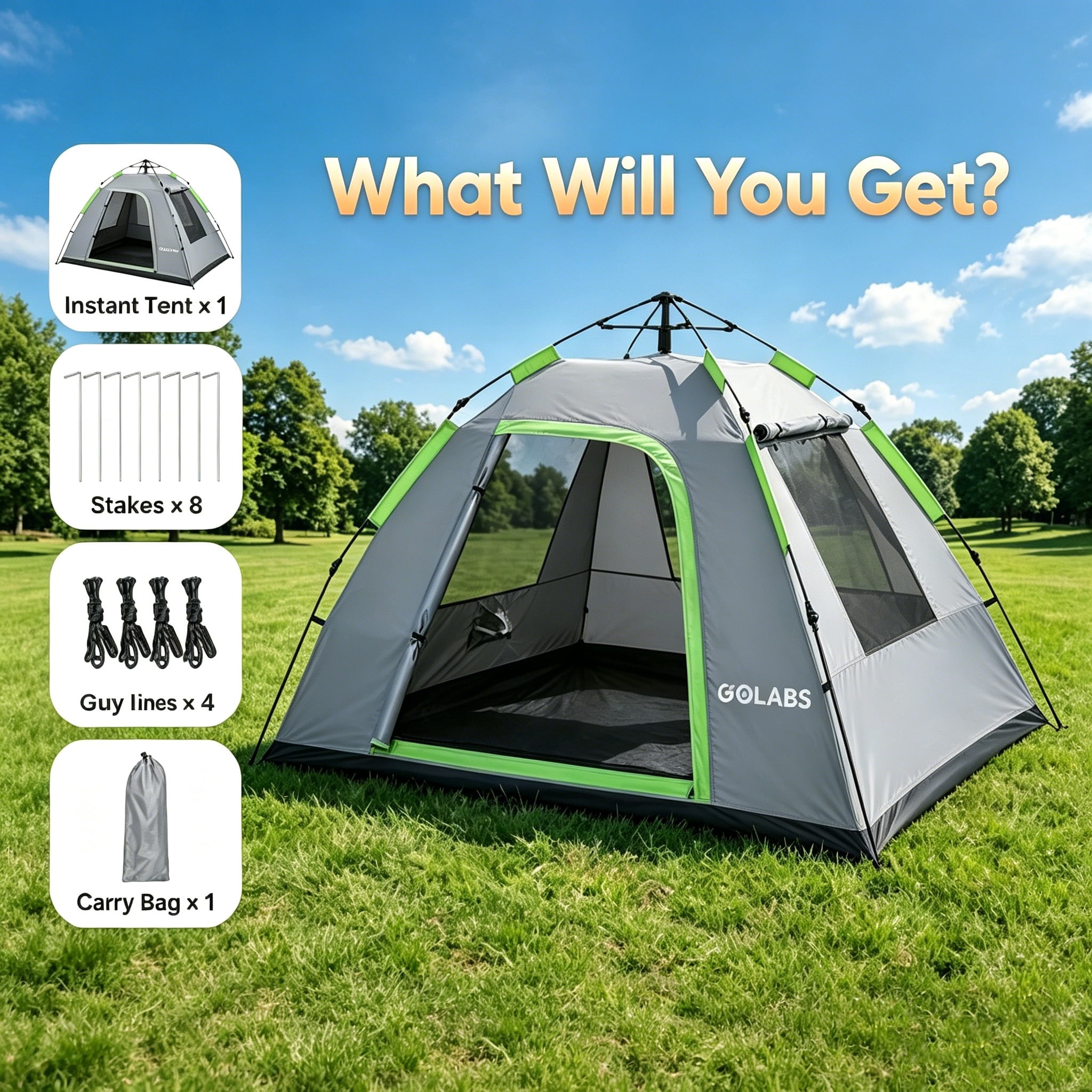 Golabs CT3 2-Person Instant Camping Tent, 4.8lbs Lightweight, Portable, Easy 1-Minute Setup Pop-Up Tent for Outdoor, Gray