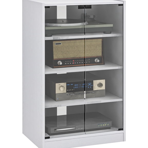 Distressed White - Cable Management - Living Room - Sturdy AV Cabinet with Glass Doors