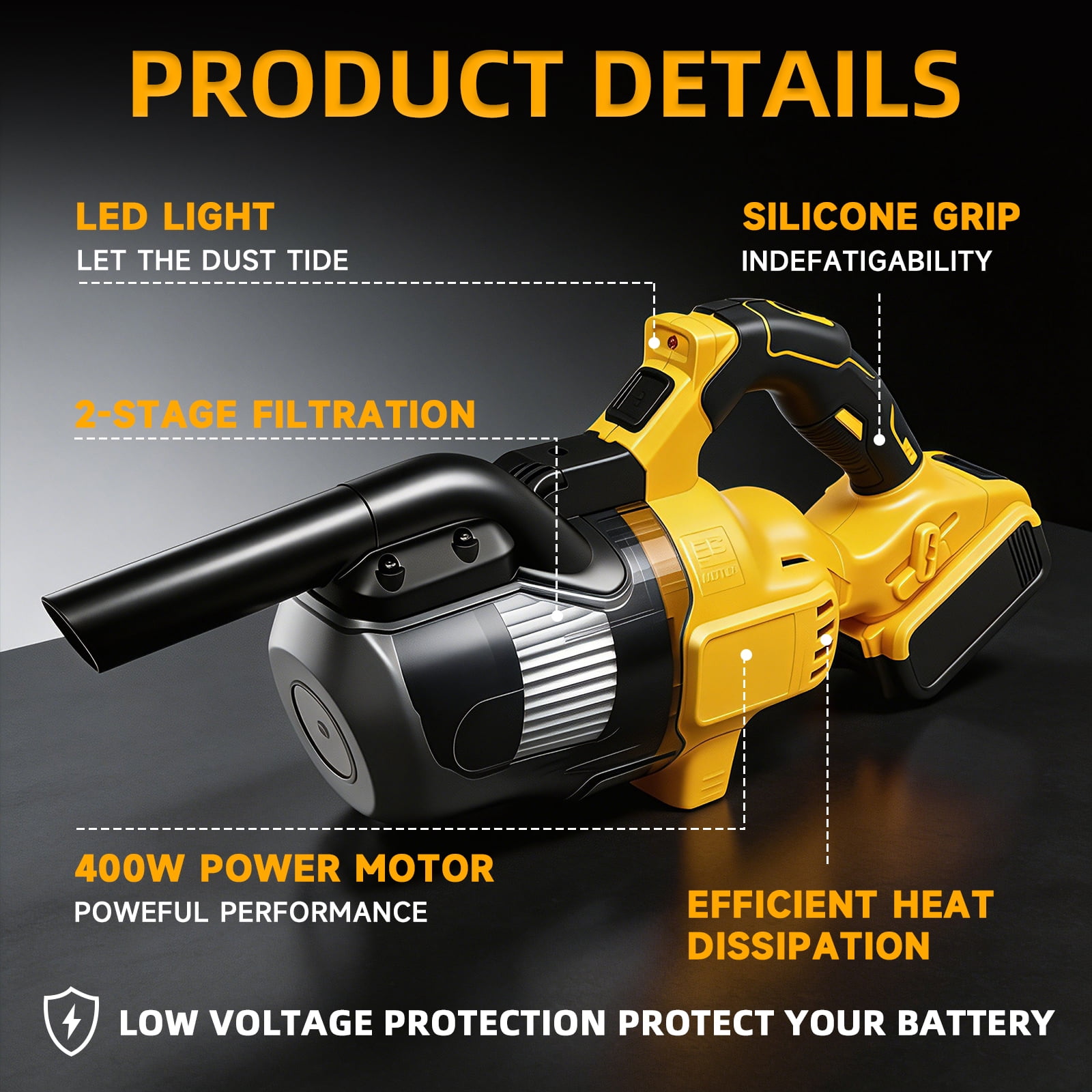 Cordless Vacuum Cleaner for Makita 18V Battery, 5-in-1 handheld vacuum with LED Light and 400W Motor for Car Floor Carpet, Yellow (Battery Not Included)