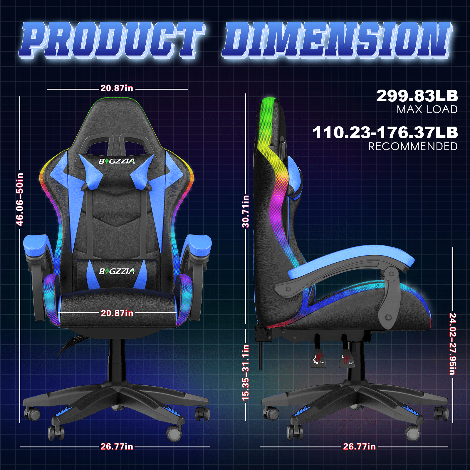 Bigzzia Gaming Chair with LED Lights Ergonomic Office Chair for Adults and Kids - Adjustable Height, 360° Swivel, Headrest Support, Mesh PU Leather, Black & Blue