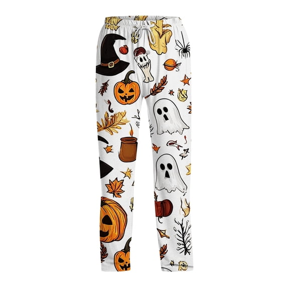 Domzest Halloween Mens Pajama Pants Halloween Graphic Wide Leg Sleepwear Drawstring Elastic Waisted Funny Pj Bottoms White XL