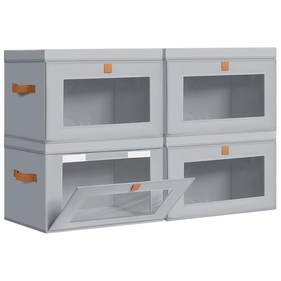 4 Pack Light Gray Closet Storage Bins Front Opening Storage Bin Collapsible Fabric Organizer with Clear Window Dual Handles Closet Clothes Blanket Book Storage Box for Home DIMJ