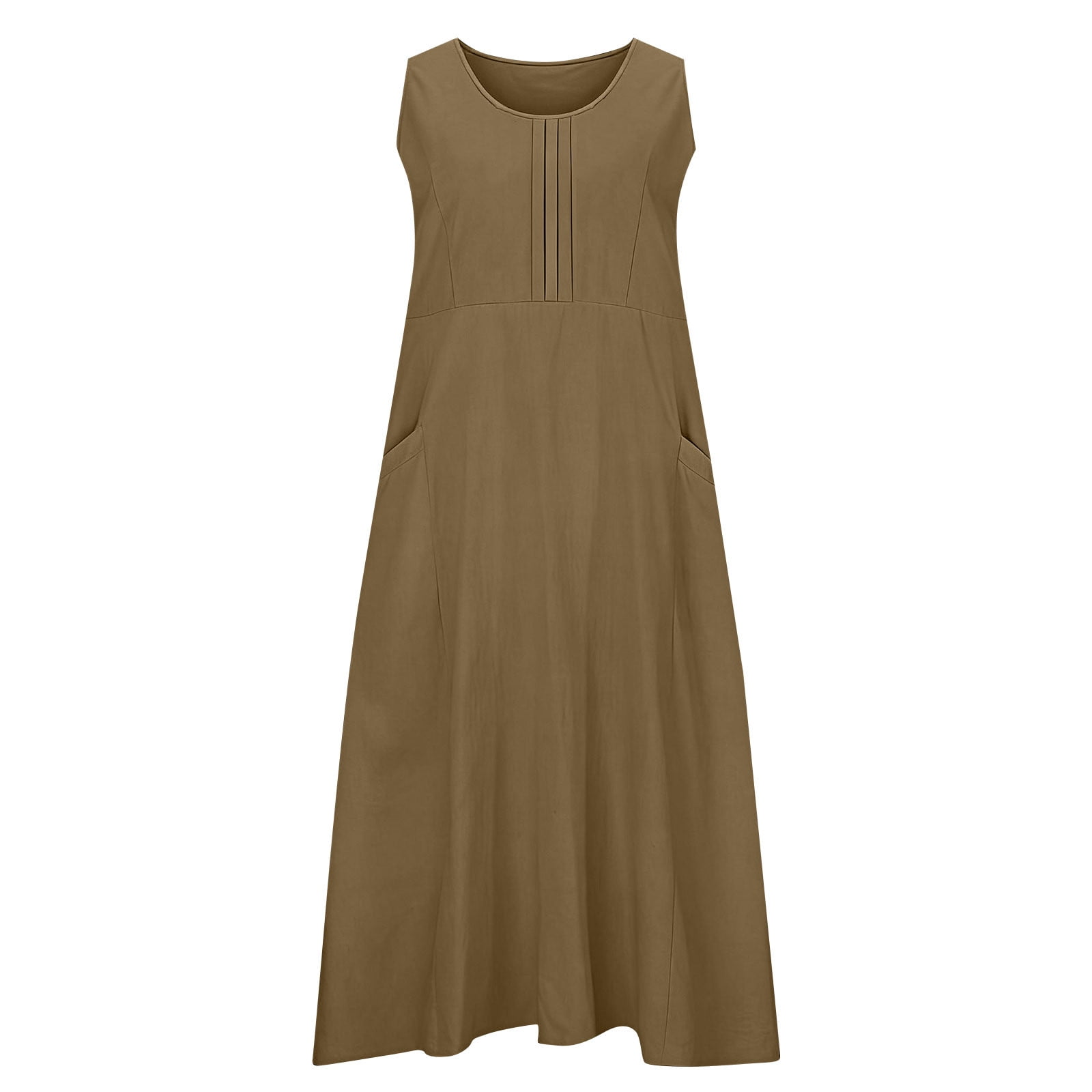 Dreluolixuan Womens Athletic Dress Linen Blend Crew Neck Sleeveless Shirred Tunic Flowy with Pocket Solid Soft Dress Elegant Holiday Loungwear