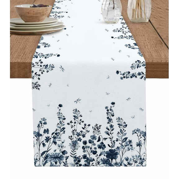 Wildflowers Table Runners 120 Inches Long, Cotton Linen Fabric Table Runner Dresser Scarf, Dragonfly Floral Bud Botanical Retro Blue Tablerunner for Party/Kitchen/Dinner/Wedding Decor 13''x120''