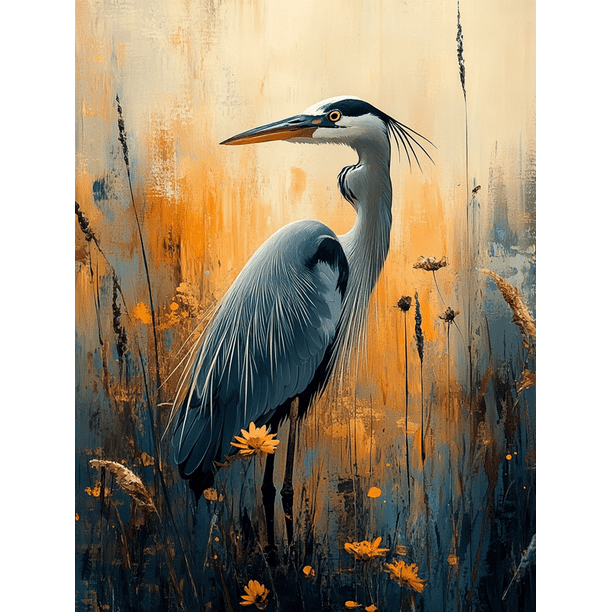 Qisvanset 12x16 Inch 2D Flat Framed Canvas Art, Blue Heron Lake Bird Tranquil Nature Coastal Marshland Wildlife Wall Art