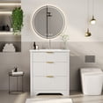 thumbnail image 3 of Modern Fluted Bathroom Vanity with Ceramic Basin, Freestanding Farmhouse Cabinet with 2 Drawers and Tip Out Storage, Easy Assembly for Powder Room, 24 30 36 Inch, Walnut White Wood Color, 3 of 9
