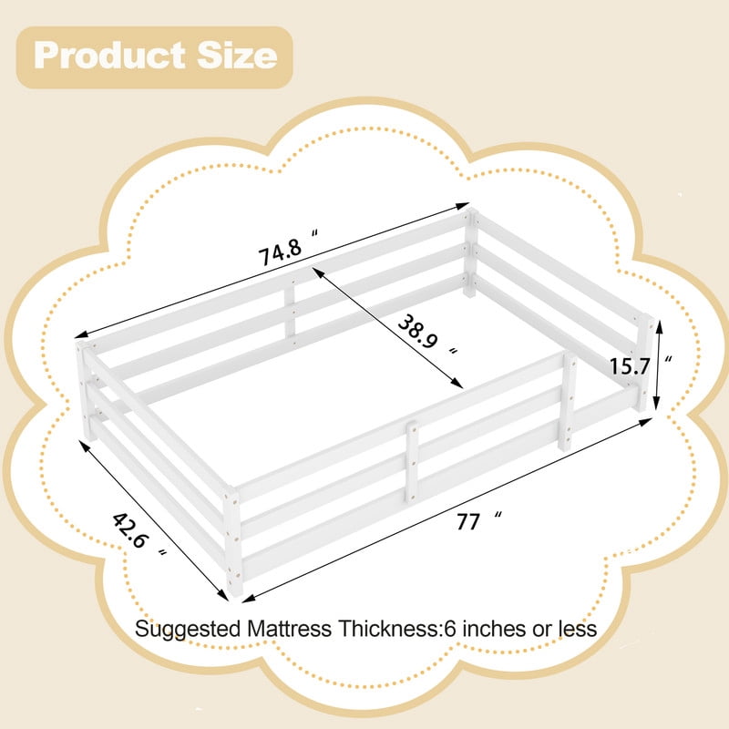 Bellemave Twin Montessori Bed with Rails, Wood Twin Size Floor Bed Frame with Fence, Low to Ground Bed Frame with Safety Guardrails - White