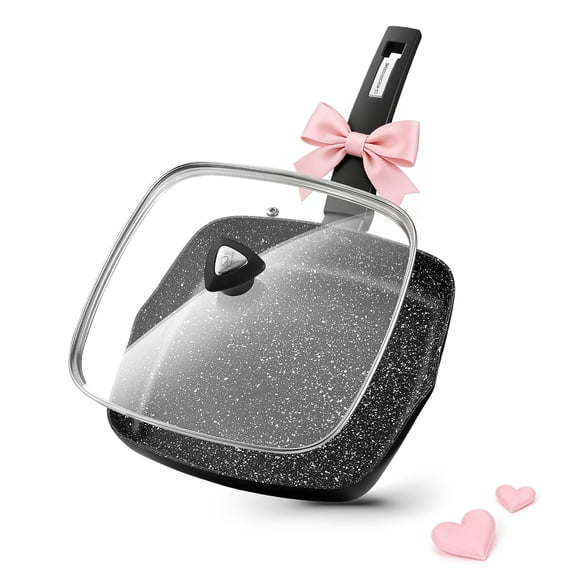 Koch Systeme CS 9.5 inch Nonstick Grill Pan, Marble Coating Square Grill Skillet with Lid and Bakelite Handle, Compatible with all Stoves, Black