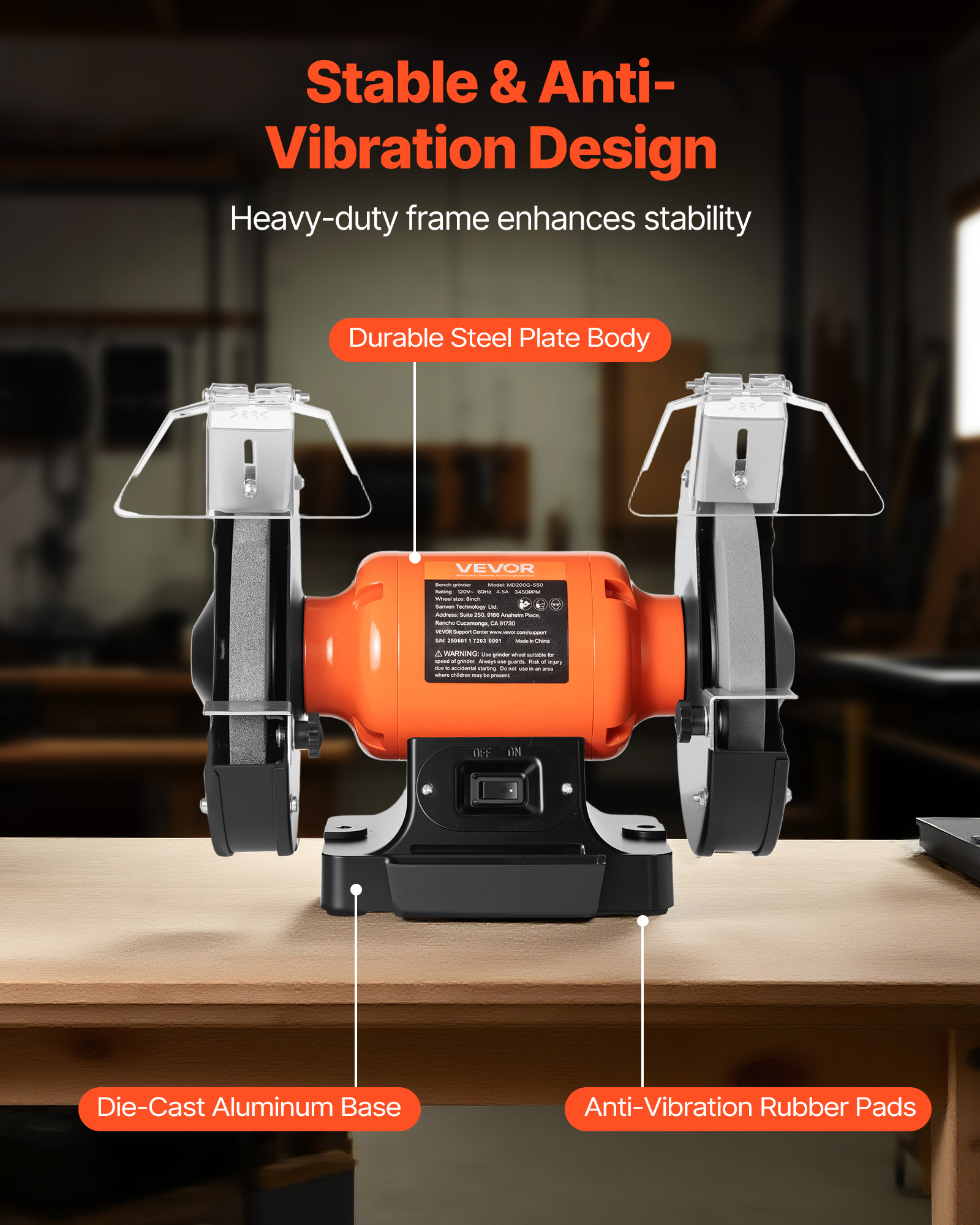 VEVOR Bench Grinder, 8-inch Single Speed Bench Grinder,3450RPM High-Speed Table Grinders with 550W 4.5A Induction Motor,36/60-Grit Grinding Wheel & Adjustable Eye Shield for Fast Sharpening Grinding