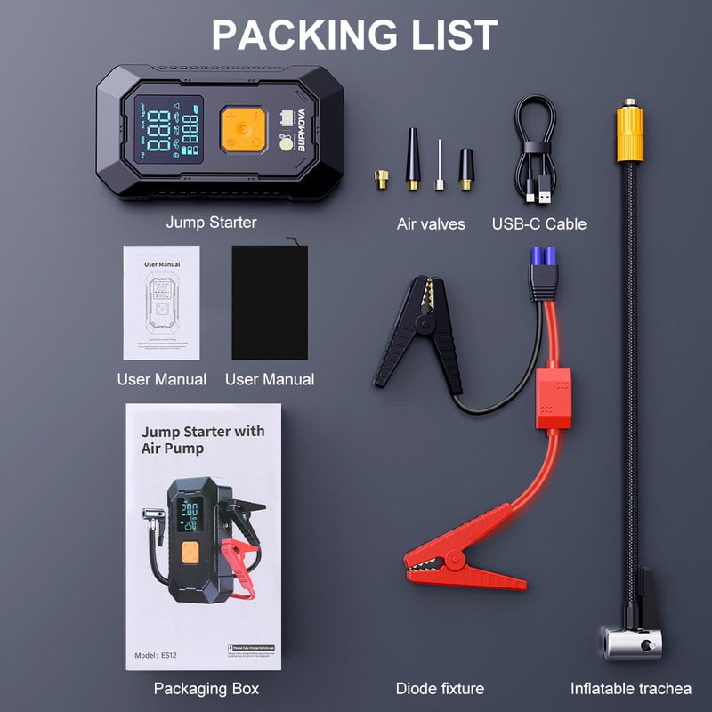 BUPMOVA Car Jump Starter & Air Compressor(150PSI), 5000A Peak Portable Jump Starter Battery Pack for All Gas/10L Diesel Engine, 12V Starter Jump Box, LCD Display, Power Bank, 3-Mode LED Light