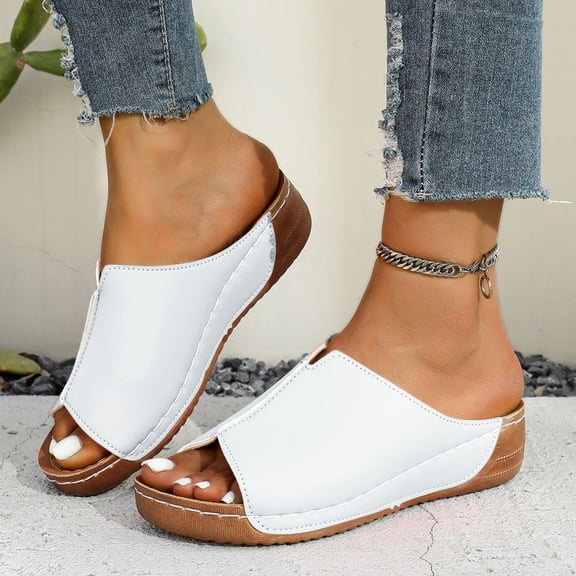 HWRETIE Women’s Wedge Slippers Summer Fashion Casual Color Matching Peep Toe Platform Slip-On Sandals Thick Bottom Beach Wedge Shoes for Daily Walking Outdoor Travel White