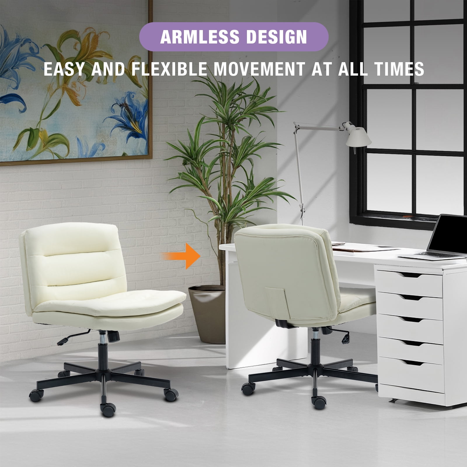 Criss Cross Legged Chair Ergonomic Home Office Desks Chair with Casters, Armless Wide Comfy Vanity Desk Seat Swivel Rolling Computer Chair, Adjustable Height, Rocking Function, Beige