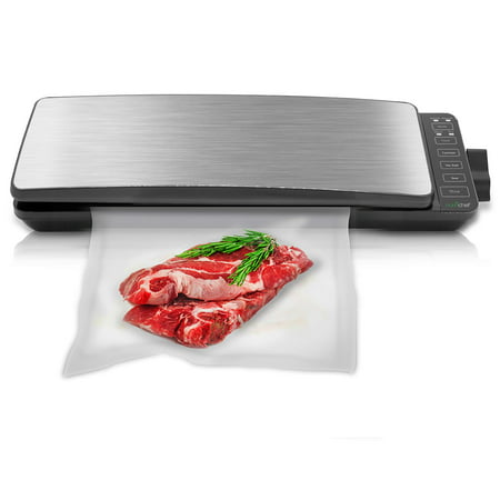 Automatic Food Vacuum Sealer System - 110W Sealed Meat Packing Sealing Preservation Sous Vide Machine w/ 2 Seal Modes, Saver Vac Roll Bags, Vacuum Air Hose - NutriChef PKVS35STS (Stainless (Best Vacuum Sealer For Meat)