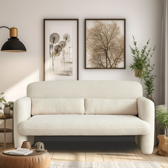 Youdao 59" Small Loveseat Sofa, Modern Sherpa Mini Sofa Couch, Lambswool 2-Seater Fluffy Love Seat, Teddy Fabric Upholstered Compact sofa with 2 Throw Pillows for Apartment Office Small Space, Beige