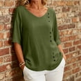 thumbnail image 5 of Yrmaups Loose Fit Short Sleeve T Shirt for Women, Casual V Neck Blouse, Soft Stretch Button Down Tee for Beach Travel Office Daily Wear, Army Green M, 5 of 8