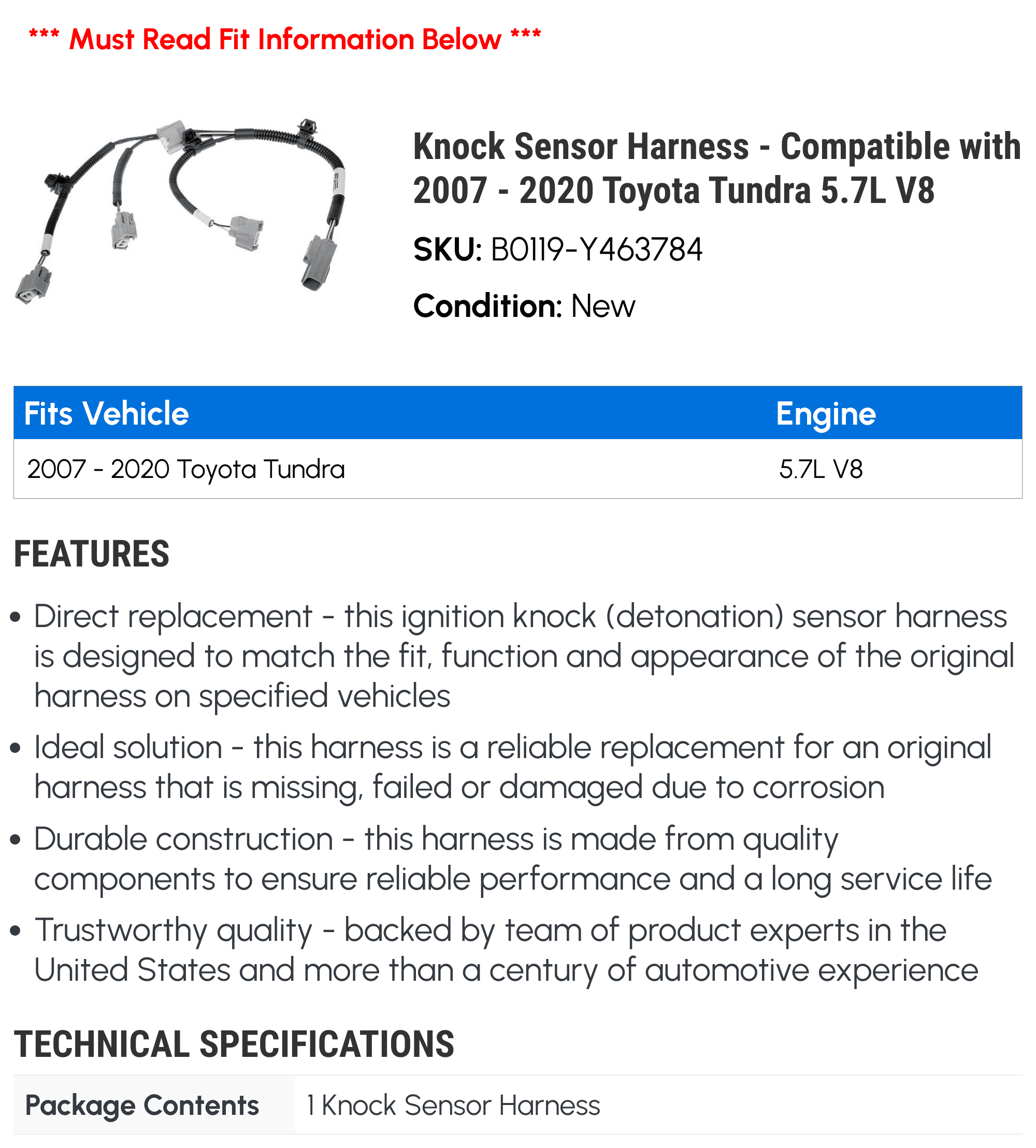 Knock Sensor Harness - Compatible with 2007 - 2020 Toyota Tundra 5.7L V8 2008 2009 2010 2011 2012 2013 2014 2015 2016 2017 2018 2019