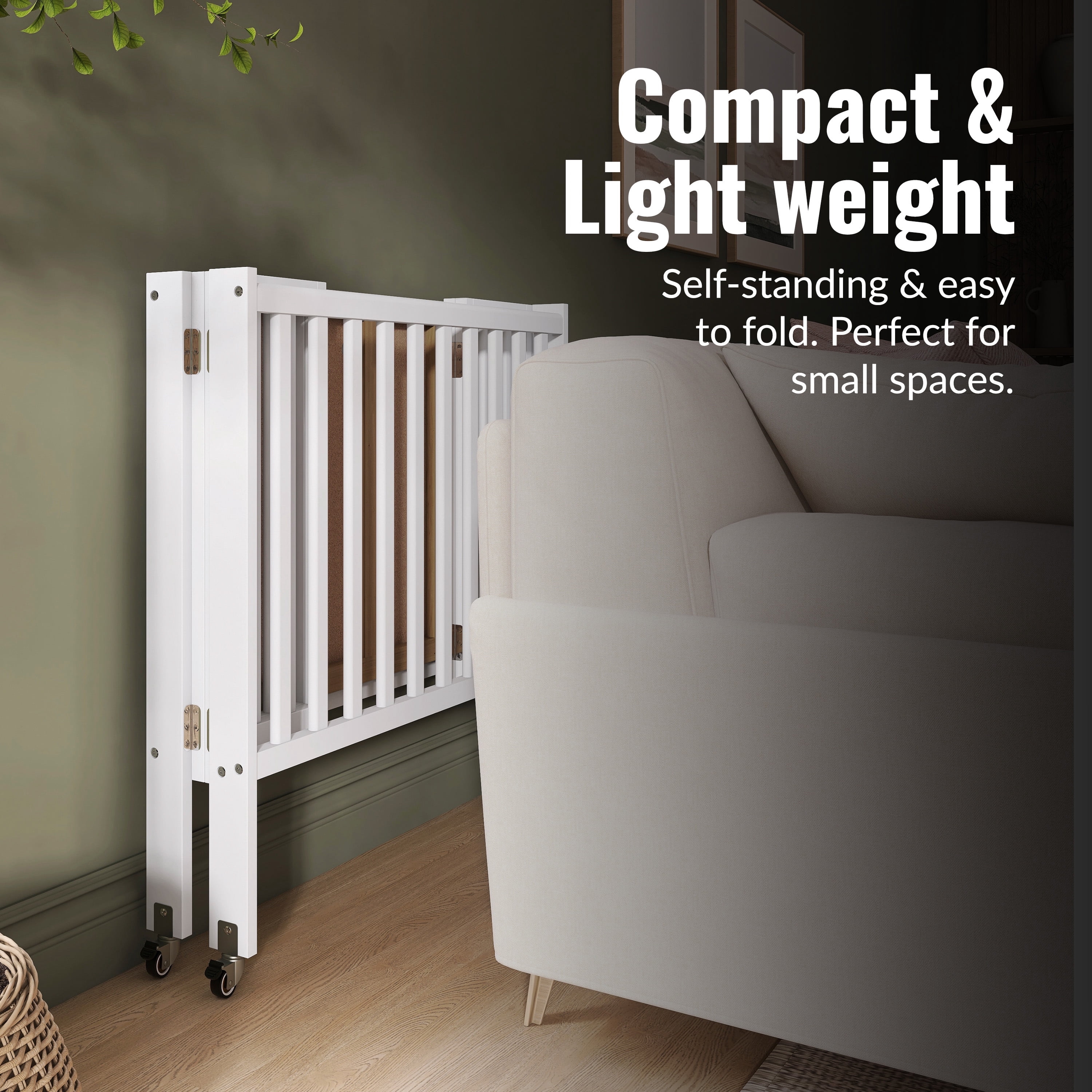 Dream On Me Jett Non-Full Size Folding Crib I Removable Wheels I Modern Nursey I Adjustable Mattress Support I Patent Folding System I Included 2.5” Mattress In White