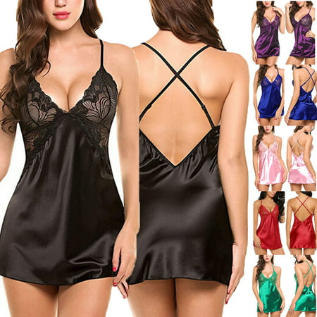 Sexy Women Lace Trim Lingerie Dress Lace V-neck Gown Nightdress Underwear Babydoll Sleepwear Dress Black