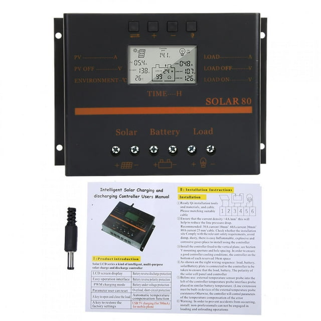 Controlador de carga solar PWM automático de 12 V y 24 V, 80 A, regulador de carga de panel solar, pantalla LCD Solar80