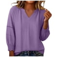 thumbnail image 2 of JOANKDMI Women's Solid Basic Tees V Neck 3/4 Sleeve Tops Casual Loose Fit Shirts Dressy Blouses with Ruched Cuffs Details Fall Fashion Everyday Outfit, 2 of 5