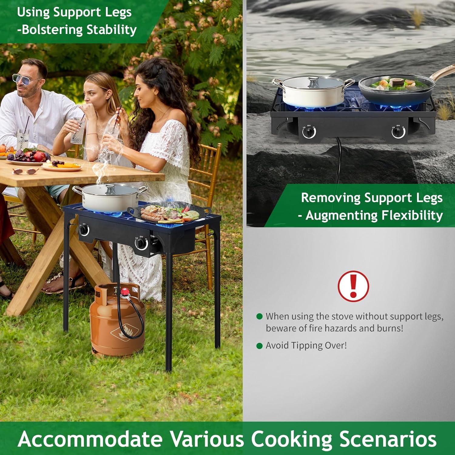 Karl home 2 Burner Propane Gas Stove, 15,0000 BTU Camping Cooker with Removable Legs & Adjustable PSI Regulator for Baking Frying Backyard Cooking BBQ Outdoor