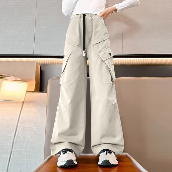 Crunowin Boys and Girls Sport Pants Solid Color Wide Leg Sporty Straight Casual Side Pockets Loose Trendy Pants Beige Size 7