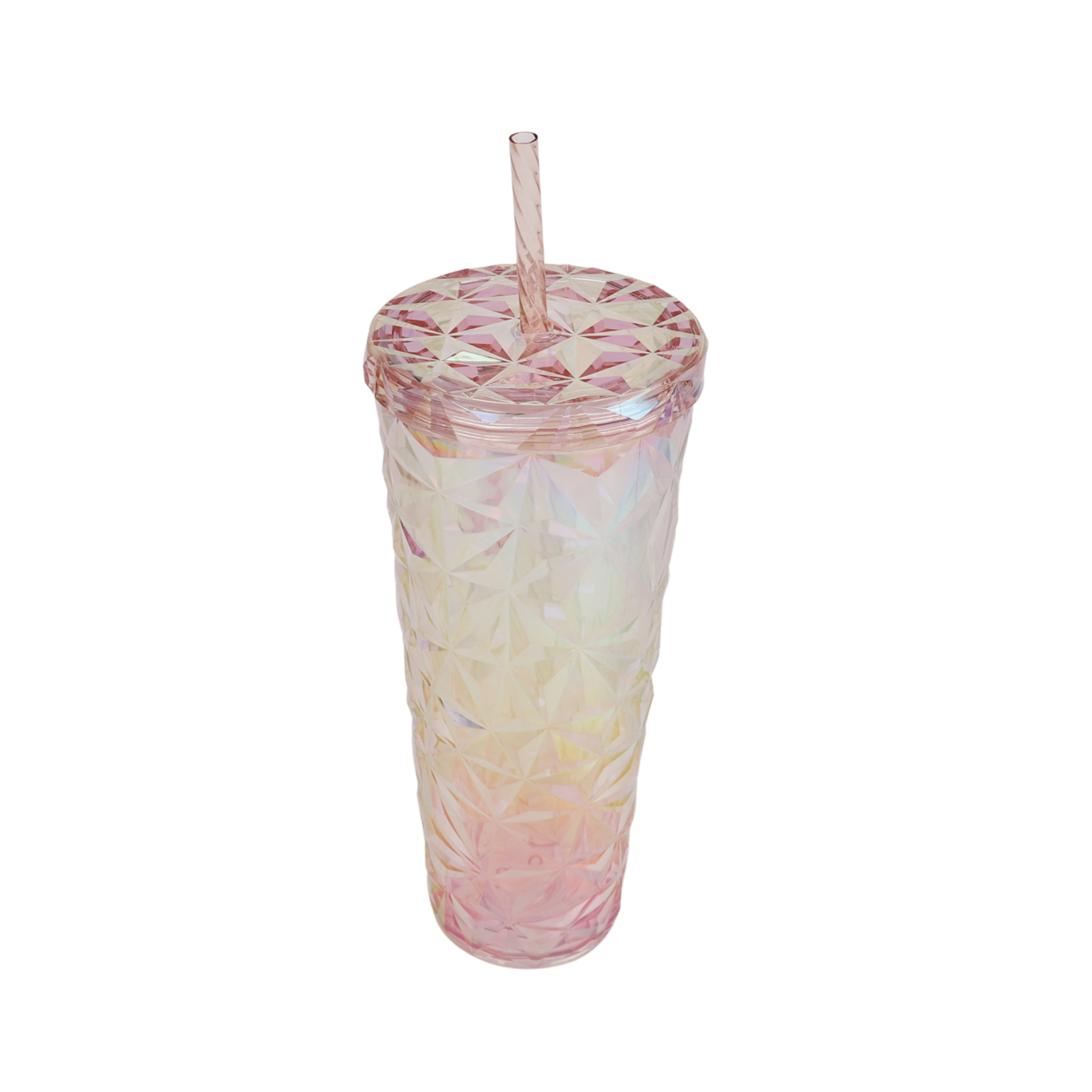 Holiday Time 26 oz Plastic Double Wall Insulated Prismatic Textured Tumbler with Straw, Pink Iridescent