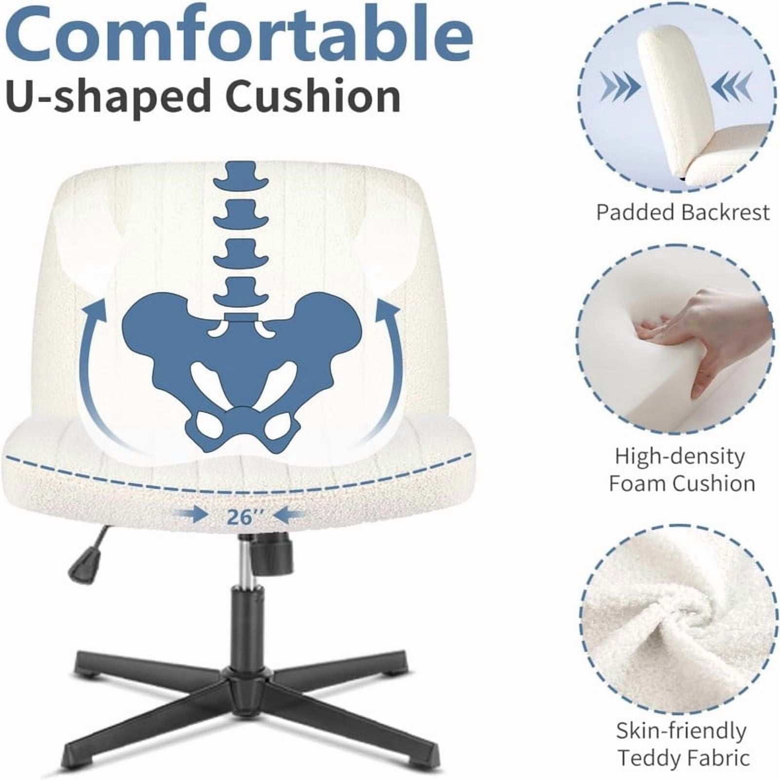Kelno Teddy Cross Legged Desk Chair Wide Seat Chair Ergonomic Height Adjustable Swivel Office Vanity Chair, Beige