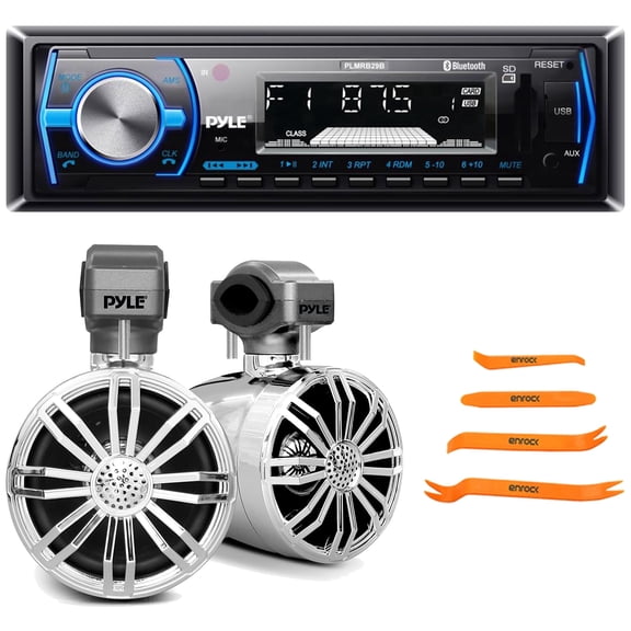 Pyle PLMRB29B Single DIN Marine Bluetooth USB/AUX MP3 Player AM/FM Radio In-Dash Stereo Black Receiver W/Remote Control, 2x 2.25’' 10W Max Waterproof Full Range Off-Road White Speakers, Pry Tool Set