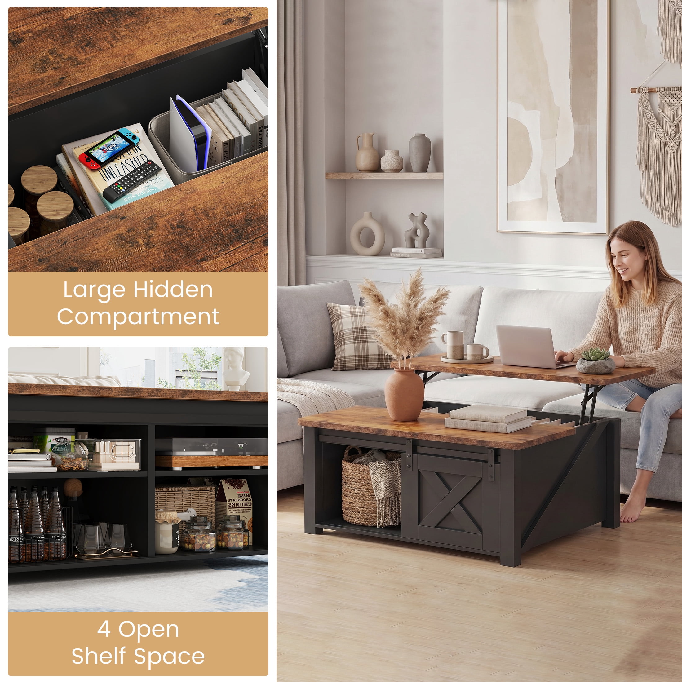 EDX Modern Lift Top Coffee Table with Hidden Storage & Adjustable Shelves, Square Farmhouse Center Table for Living Room, Black